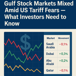 "Gulf stock markets performance chart showing Saudi Arabia, Dubai, Abu Dhabi, and Qatar indices amid US tariff fears in July 2025."